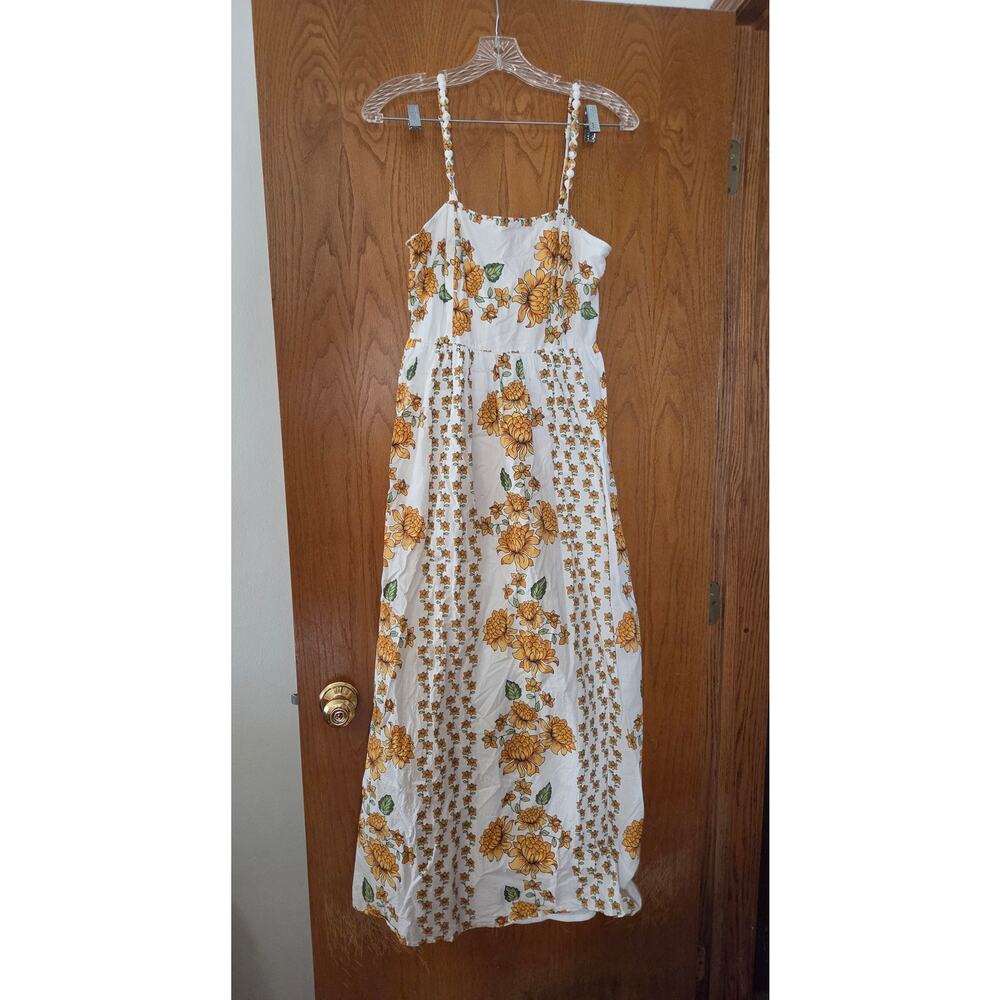 Japna Cotton White Yellow Floral Flower Sleeveless Summer Smocked Dress EUC M